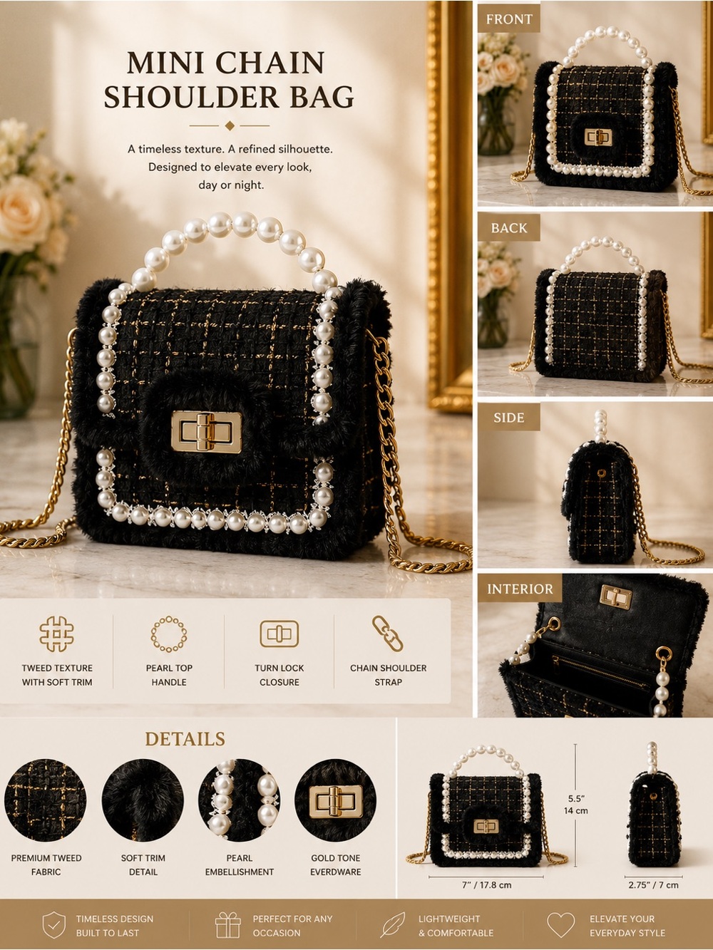 Mini Chain Shoulder Bag with Pearl Handle - Black